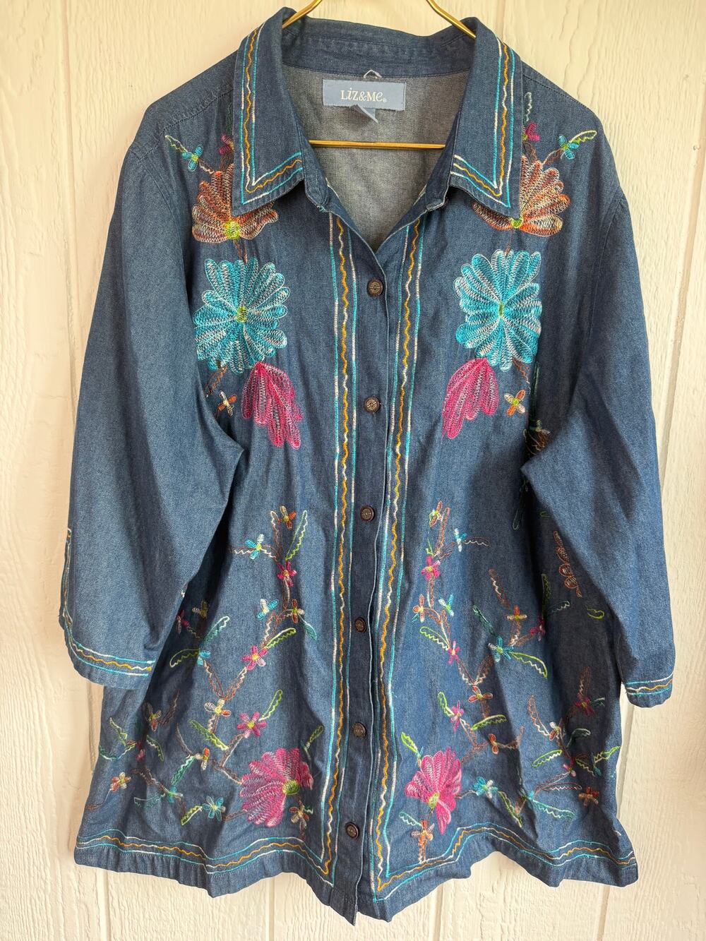 Liz & Me 3X Embroidered Denim Button Up Tunic Floral Boho Cottagecore Plus